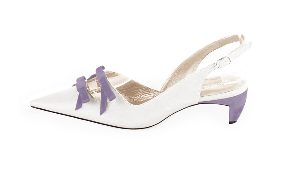 Women's pure white and lilac purple elegant slingback heels, with a bow on the front. Pointed toe. Low comma heels - Profile view